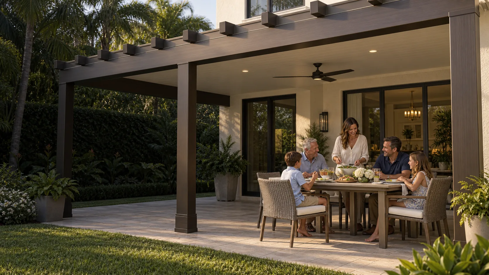 Generated lifestyle visualization of a family dining beneath an Elite-inspired aluminum pergola